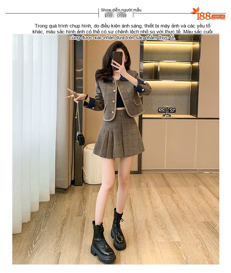 Set Áo Khoác Ngắn Nữ Kẻ Caro Cổ Điển và Chân Váy Xếp Ly Màu Nâu chi tiết 4