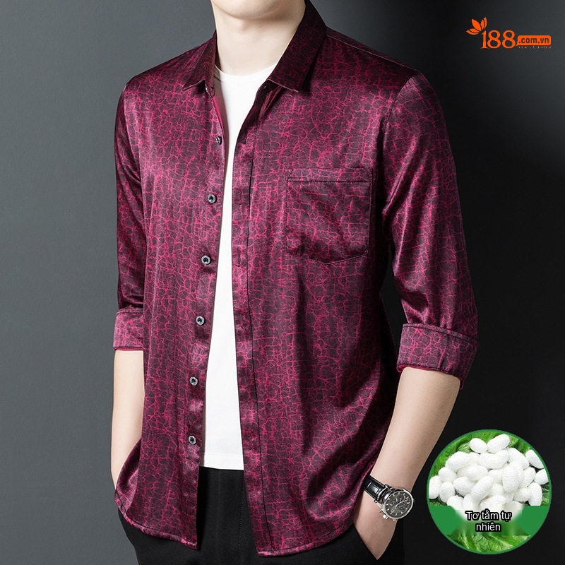 Áo Sơ Mi Dài Tay Nam Lụa Tơ Tằm Hương Vân Sa Họa Tiết Da Rắn Màu Đỏ Rượu Vang, Nâu Đất
