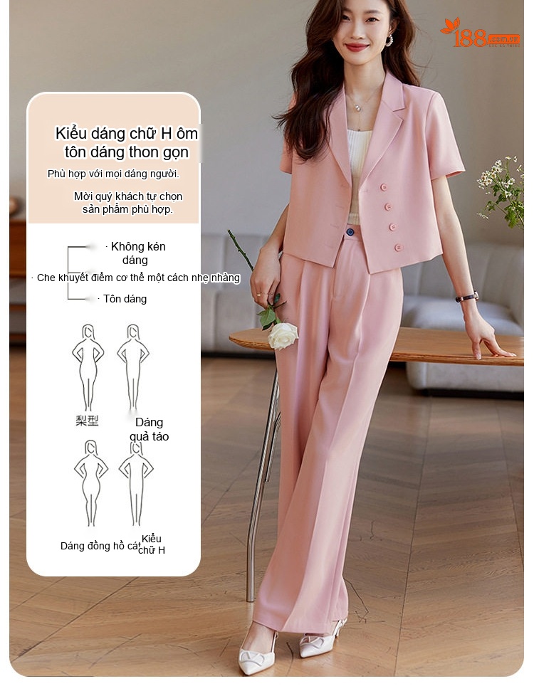 Bộ Vest Nữ Quần Ống Rộng Áo Blazer Ngắn Tay Lửng Phong Cách Công Sở Màu Hồng, Trắng, Đen chi tiết 8
