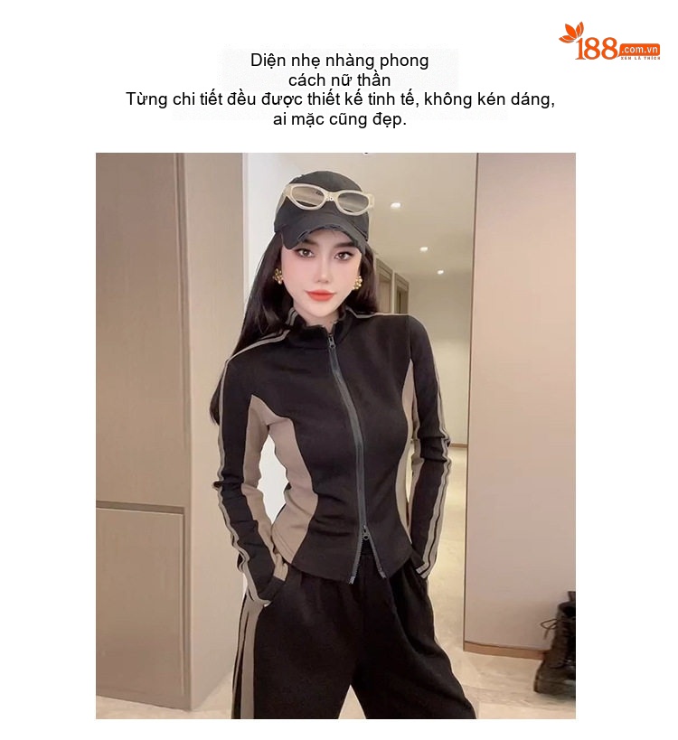 Bộ quần áo thể thao nữ thu đông dáng rộng phối màu tương phản chi tiết 2