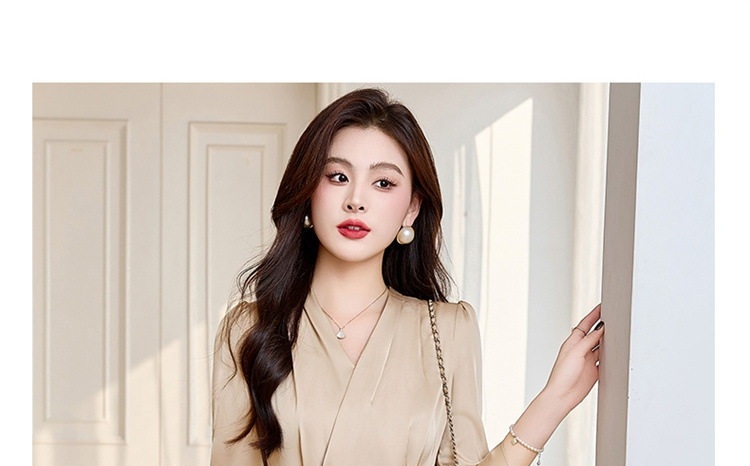 Váy liền thân Nữ Cổ chữ V Trung Dài Tay Thiết Kế Thắt Eo Tôn Dáng Thoáng Khí Màu Đen, Đỏ, Tím, Be chi tiết 28