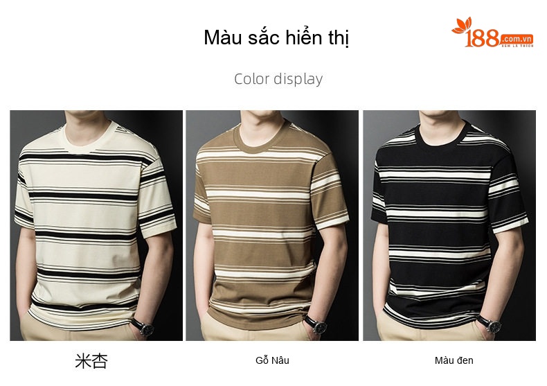Áo Thun Tay Ngắn Nam Sọc Ngang Cổ Tròn Cotton Thoáng Mát Màu Đen, Nâu, Trắng chi tiết 1