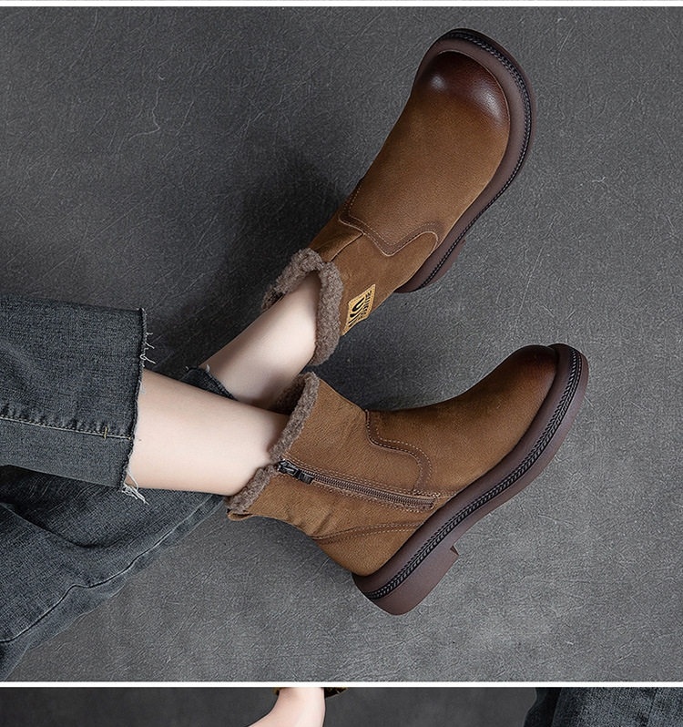 Boot Nữ Ngắn Cổ Lót Lông Giữ Ấm Mùa Đông Chiều Cao Đế Khoảng 3cm Màu Nâu chi tiết 11