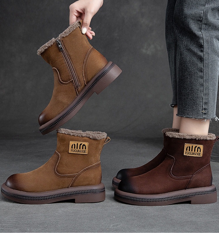 Boot Nữ Ngắn Cổ Lót Lông Giữ Ấm Mùa Đông Chiều Cao Đế Khoảng 3cm Màu Nâu chi tiết 12
