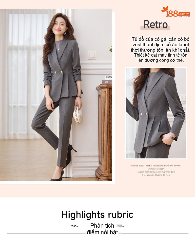 Bộ Vest Công Sở Nữ Dáng Ôm Thanh Lịch Màu Đen, Xám, Xanh Navy chi tiết 4