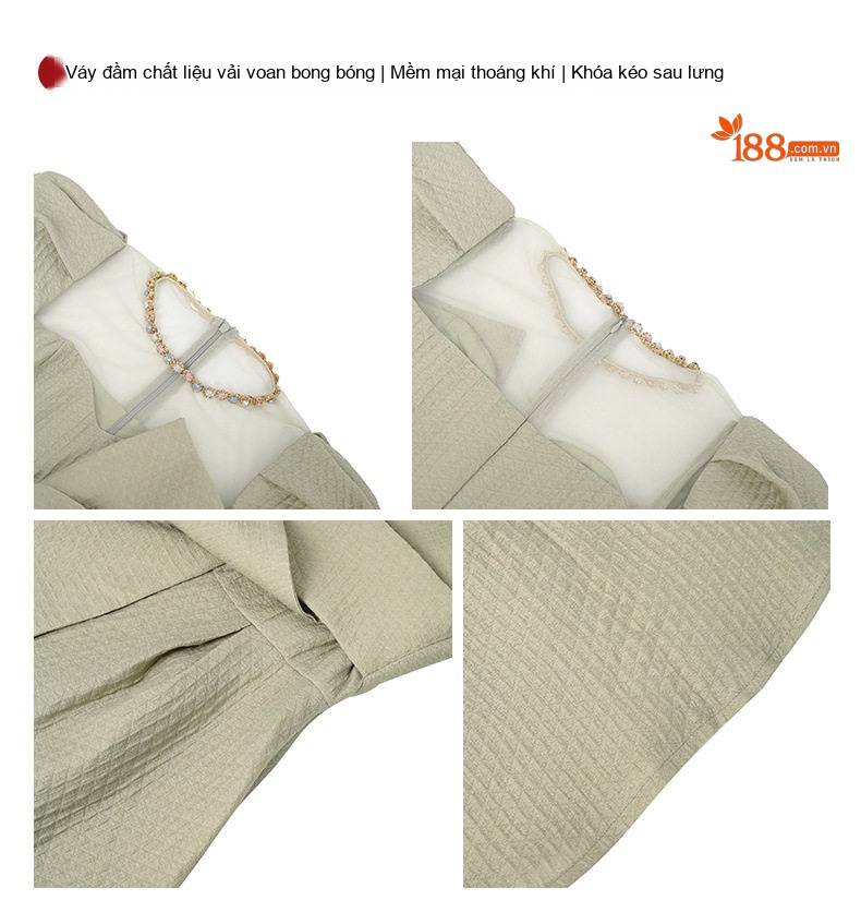 Váy Chữ A Chiết Eo Tay Bồng Cổ Tròn Phong Cách Pháp Màu Trắng, Xanh, Vàng chi tiết 5