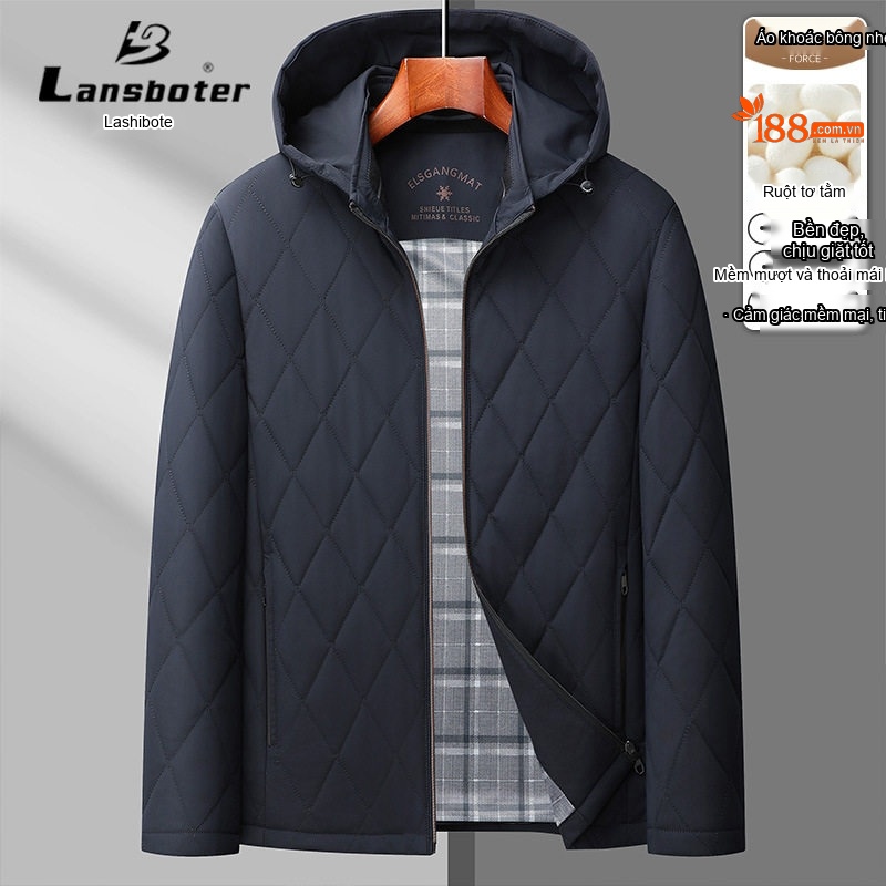 Áo Khoác Bông Nam Có Mũ Trùm Đầu Cotton Lót Lụa Tằm Ngắn Tay Giữ Ấm Màu Đen, Xanh Navy