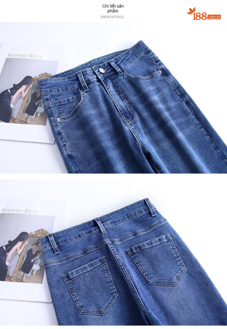 Quần Jean Nữ Ống Đứng Lưng Cao Co Giãn Màu Xanh Denim chi tiết 11
