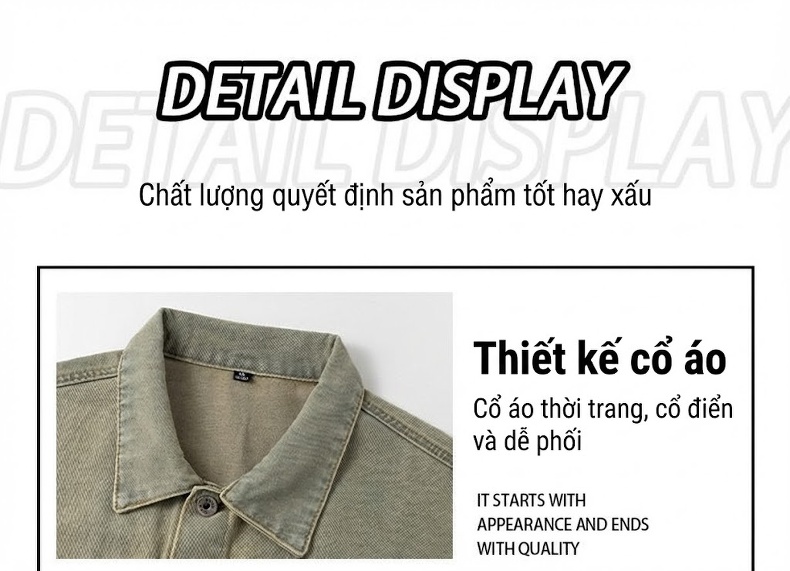 Áo Khoác Jean Nam Dài Tay Form Rộng Cổ Bẻ Màu Xanh Denim, Đen chi tiết 6