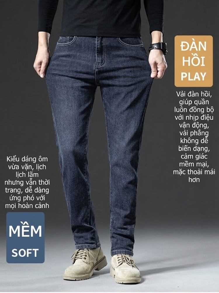 Quần Jean Nam Cotton Co Giãn Thoải Mái Dáng Ôm Vừa Vặn Màu Xanh Xám, Đen Xám