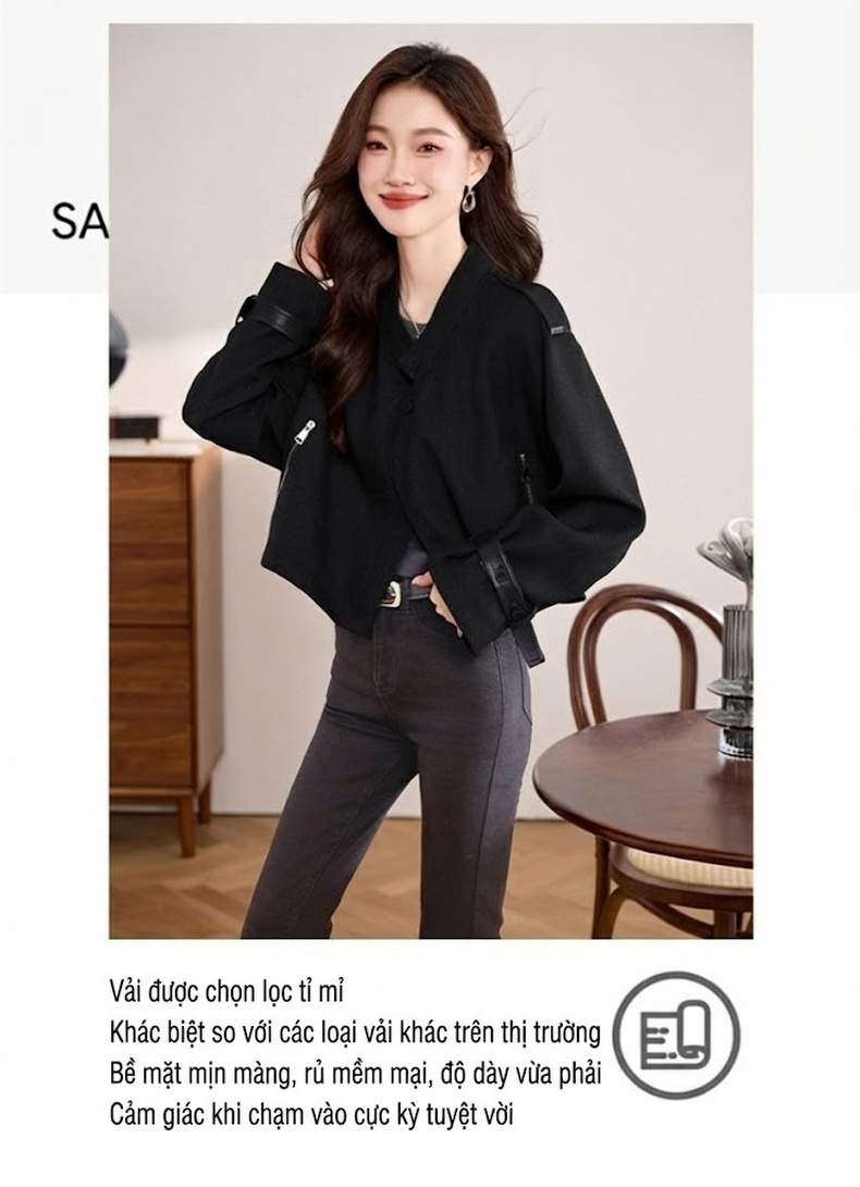 Áo Khoác Lửng Nữ Tay Dài Kiểu Croptop Vải Dệt Phong Cách Thời Trang Màu Đỏ, Đen chi tiết 3