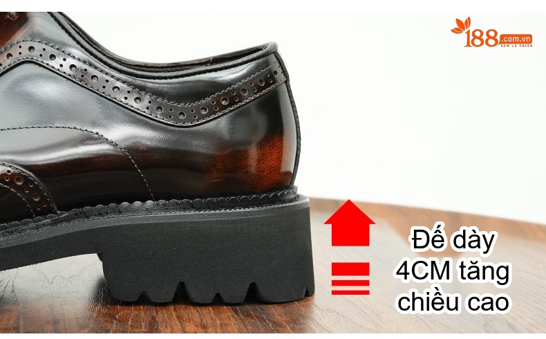 Giày Tây Buộc Dây Nam Da Bóng Chiều Cao Đế Khoảng 4cm Kiểu dáng Brogue Màu Đen, Nâu chi tiết 5