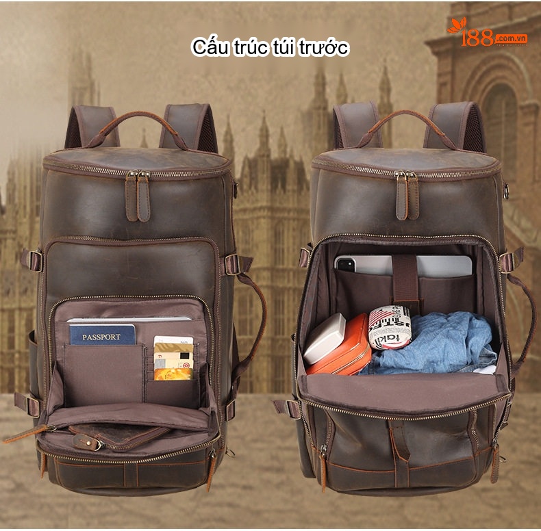 Balo Da Bò Du Lịch Đeo Vai/Xách Tay Đa Năng Dung Tích Lớn Màu Nâu chi tiết 3