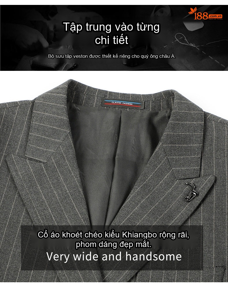 Bộ Vest Nam Kẻ Sọc Dáng Ôm Chống Nhăn Cúc Đôi Màu Xám chi tiết 4