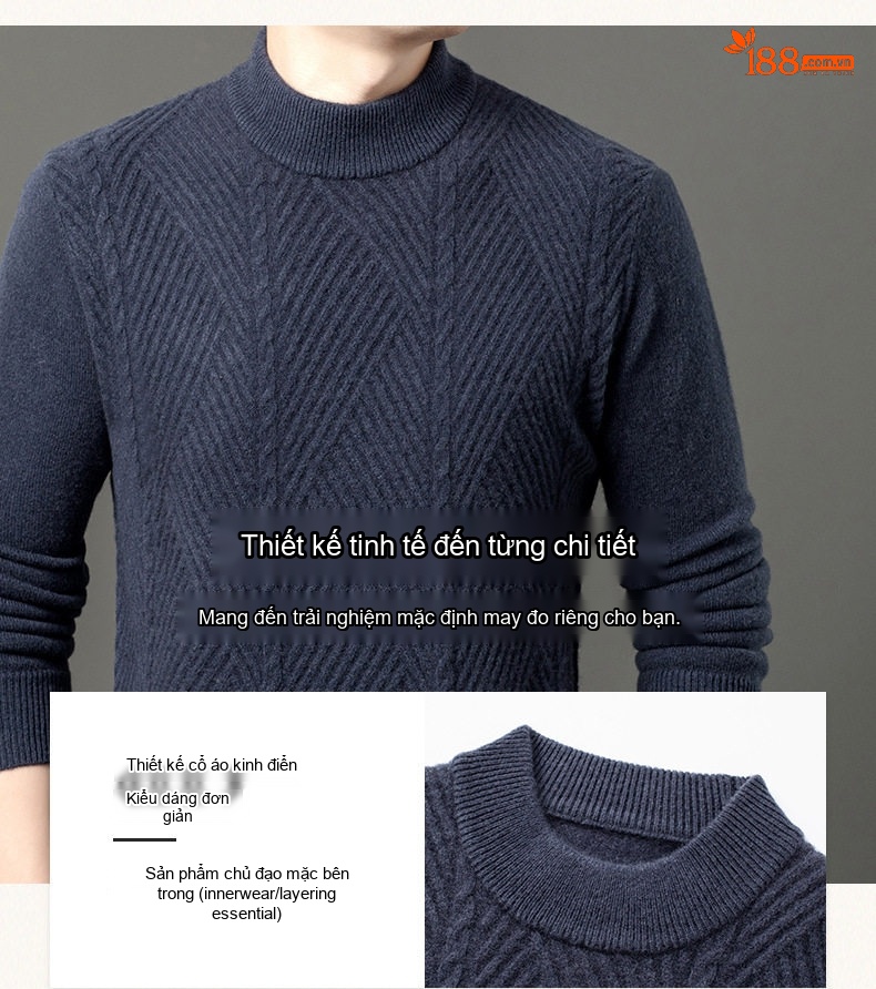 Áo Len Nam 100% Cashmere Dệt Kim Dày Dặn Giữ Ấm Cổ Cao Màu Nâu, Xám, Xanh Navy chi tiết 5