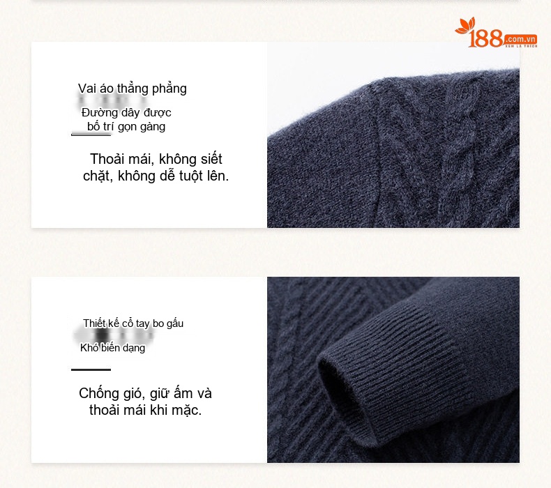 Áo Len Nam 100% Cashmere Dệt Kim Dày Dặn Giữ Ấm Cổ Cao Màu Nâu, Xám, Xanh Navy chi tiết 6