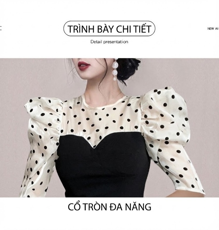 Váy Ôm Body Nữ Tay Bồng Họa Tiết Chấm Bi Cổ Tròn Màu Đen chi tiết 14