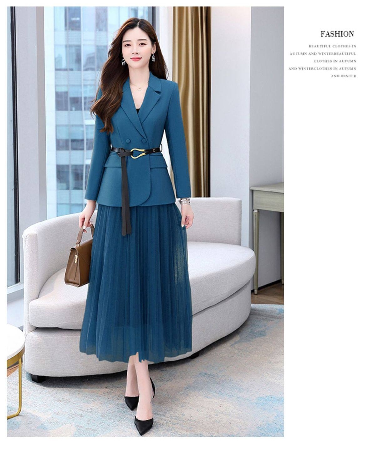 Bộ Vest Blazer Nữ Chân Váy Lưới Dáng Dài Thời Trang Thu Đông Màu Nâu, Đen, Xanh, Cam chi tiết 39
