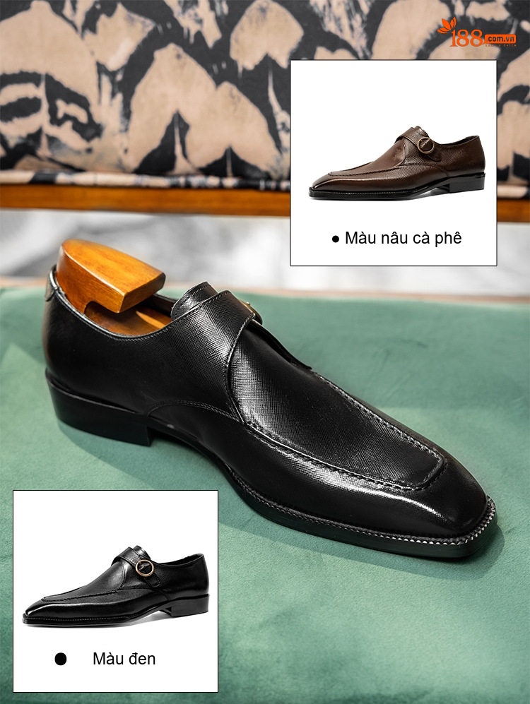 Giày Tây Monk Strap Nam Da Bò Mũi Vuông Chiều Cao Đế Khoảng 3cm Màu Đen, Nâu chi tiết 2