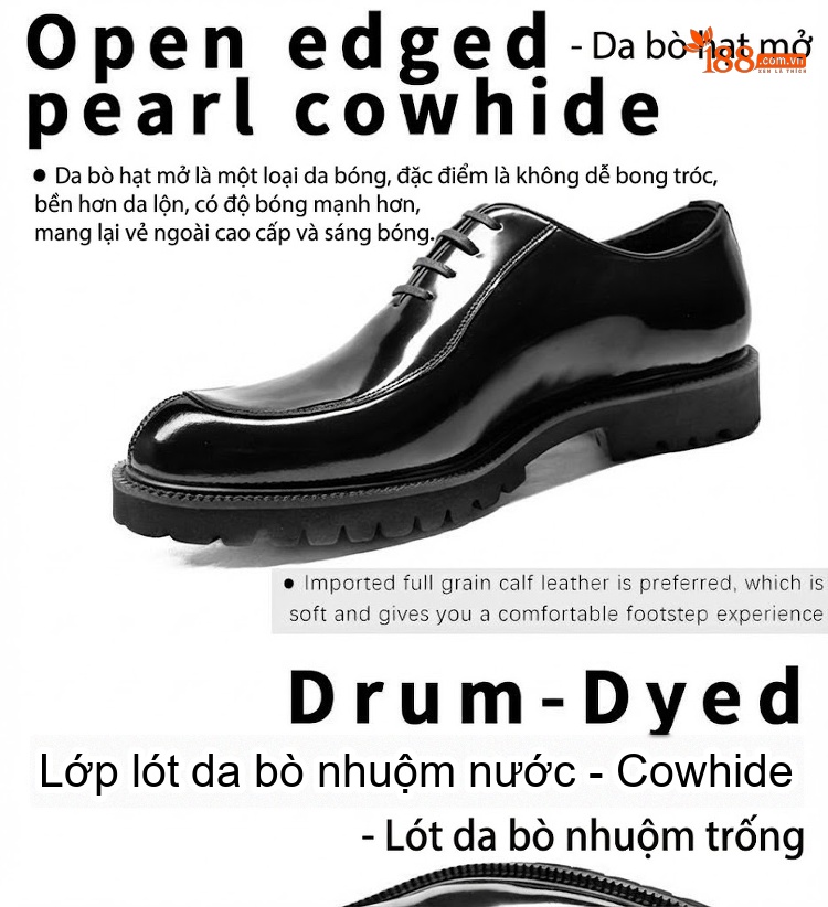 Giày Tây Buộc Dây Nam Da Bò Chiều Cao Đế Khoảng 4cm Màu Đen, Nâu chi tiết 4