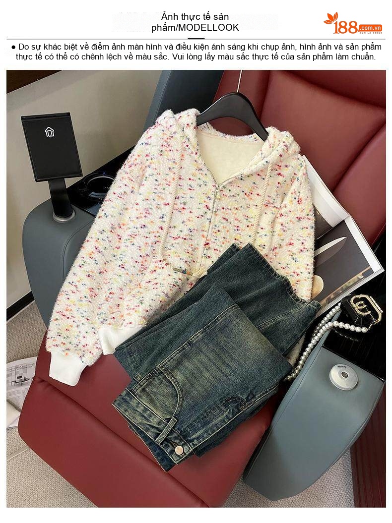 Set Áo Khoác Hoodie Lông Xù Quần Jean Ống Rộng Phong Cách Trẻ Trung Màu Trắng chi tiết 5