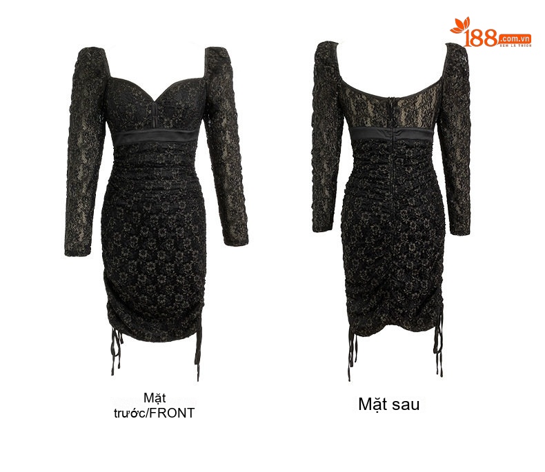 Váy Ôm Body Nữ Ren Lưới Tay Phồng Cổ Tim Dây Rút Màu Đen chi tiết 6