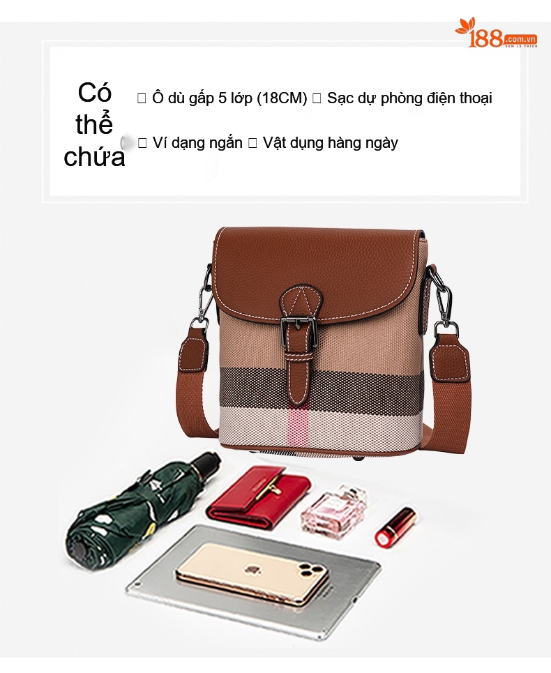 Túi Đeo Vai Nữ Da Bò Vải Canvas Kẻ Ô Cao Cấp Màu Nâu chi tiết 8