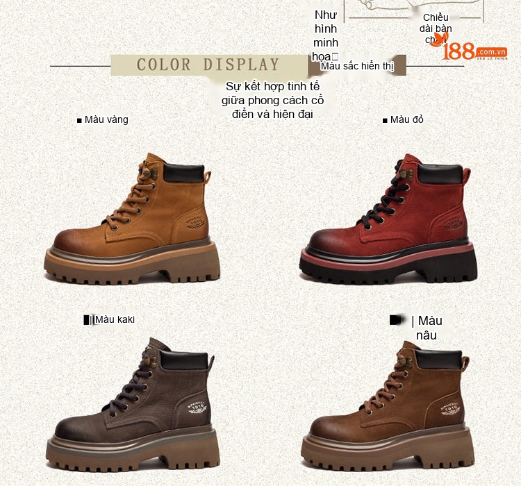 Giày Martin Nam Cổ Cao Lót Lông Giữ Ấm Phong Cách Biker Chiều Cao Đế Khoảng 5cm Màu Nâu, Đỏ, Xám... chi tiết 2