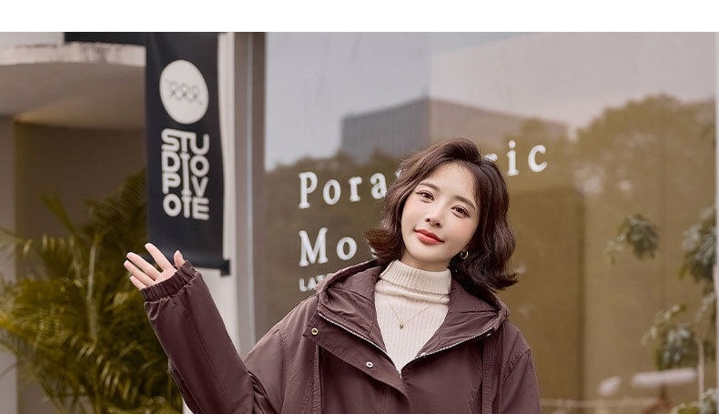 Áo Khoác Parka Nữ Lót Lông Dày Dặn Dáng Ngắn Giữ Ấm Màu Nâu, Đen chi tiết 14