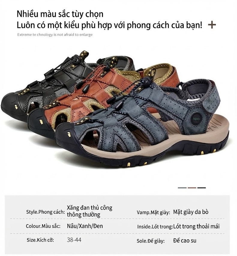 Dép Sandal Nam Bít Mũi Thoáng Khí Chống Trượt Đi Bộ Đường Dài Thủ Công Chiều Cao Đế Khoảng 3cm Màu Đen, Nâu, Xám chi tiết 6