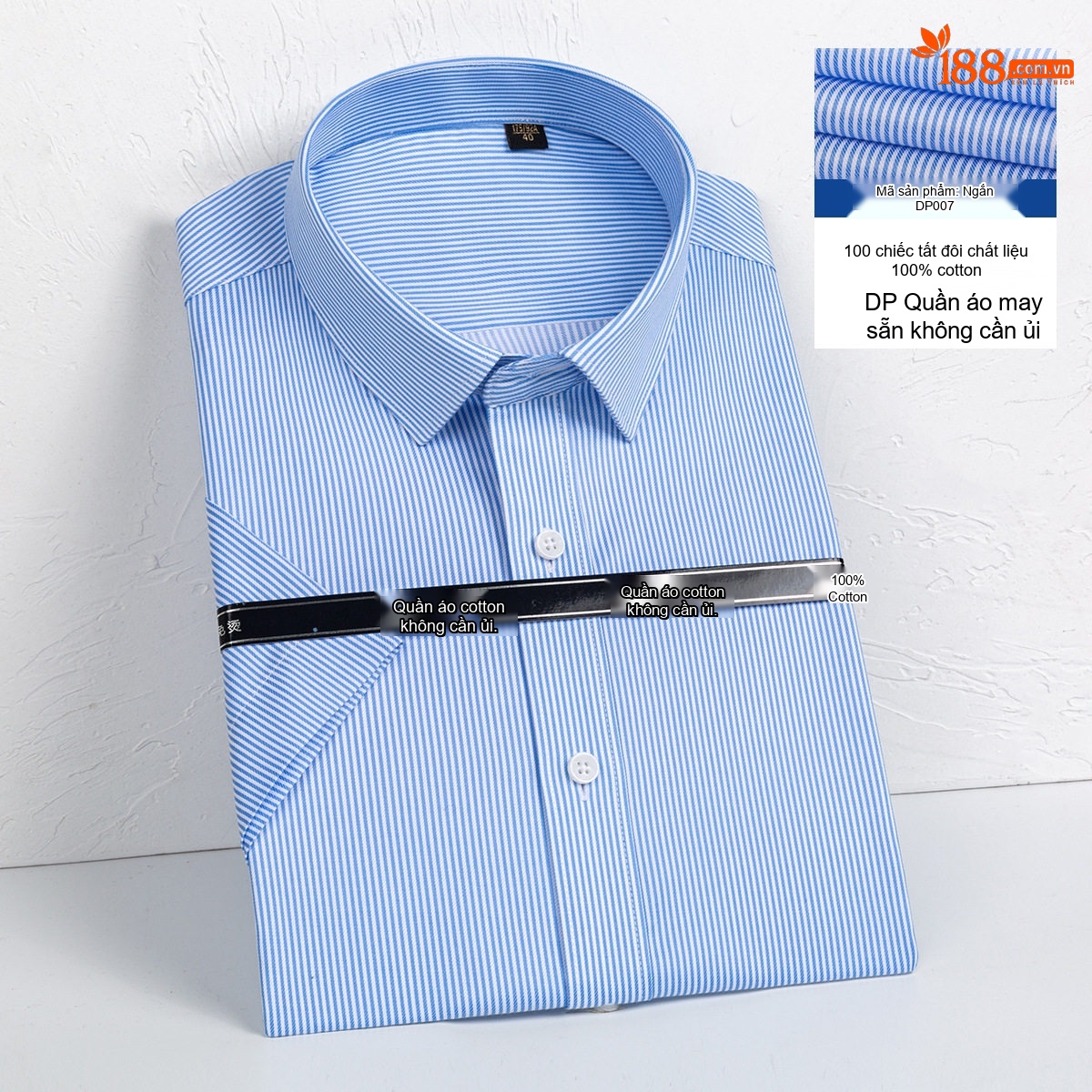 Áo Sơ Mi Nam Tay Ngắn Cotton Dáng Ôm Chống Nhăn Màu Xanh, Trắng