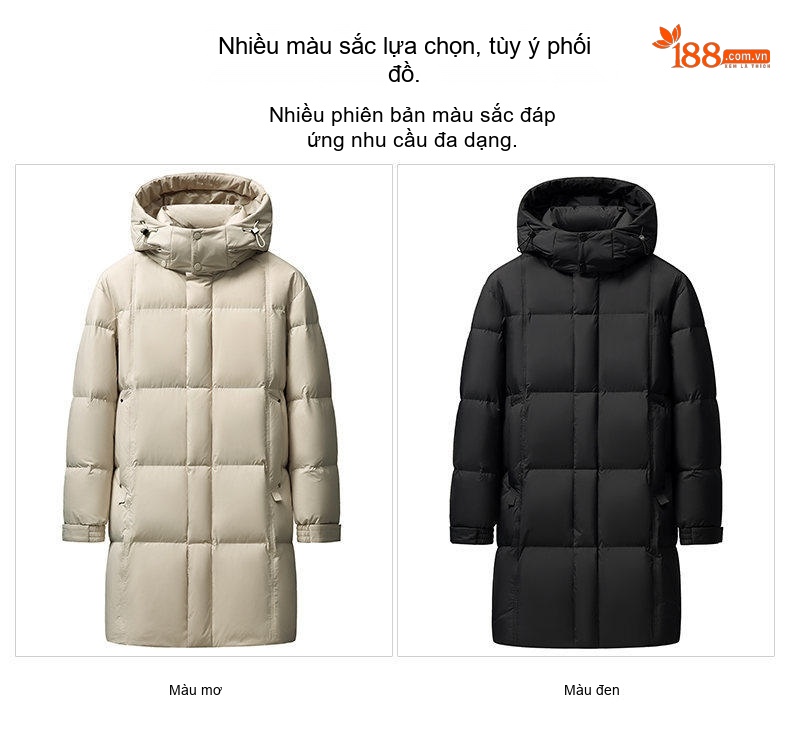 Áo Khoác Phao Nam Dáng Dài Có Mũ Trùm Đầu 90% Lông Vịt Trắng Dày Dặn Giữ Ấm Màu Đen, Kem chi tiết 16