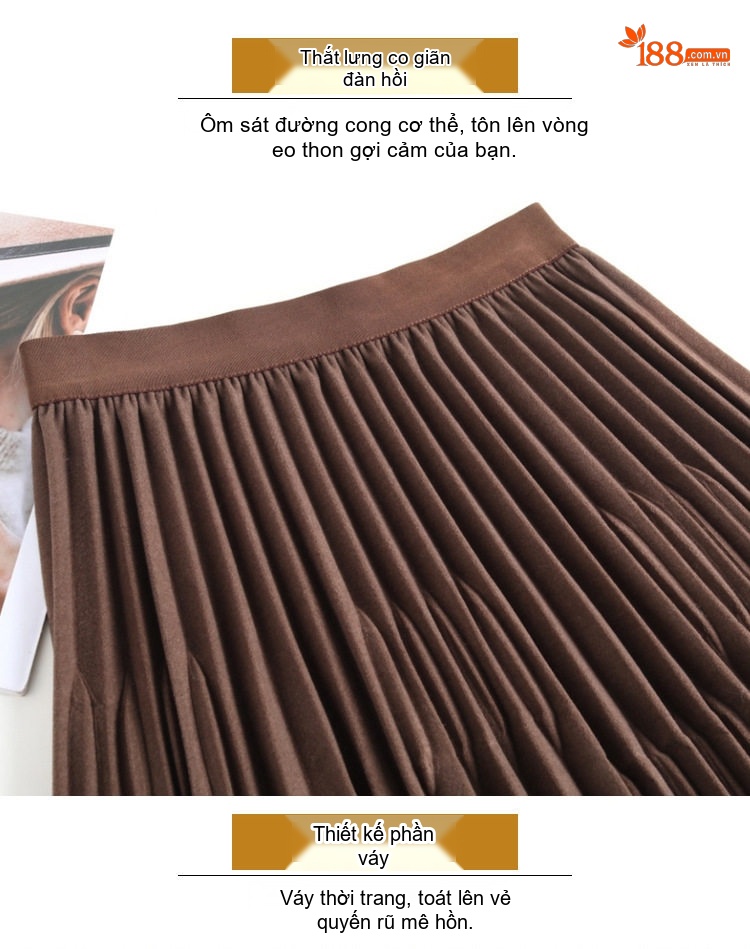 Chân Váy Nữ Lưng Thun dáng chữ A Dài Qua Gối Xếp Ly Chất Liệu 毛呢 (Mao Ni) Màu Đen, Nâu, Xám chi tiết 25