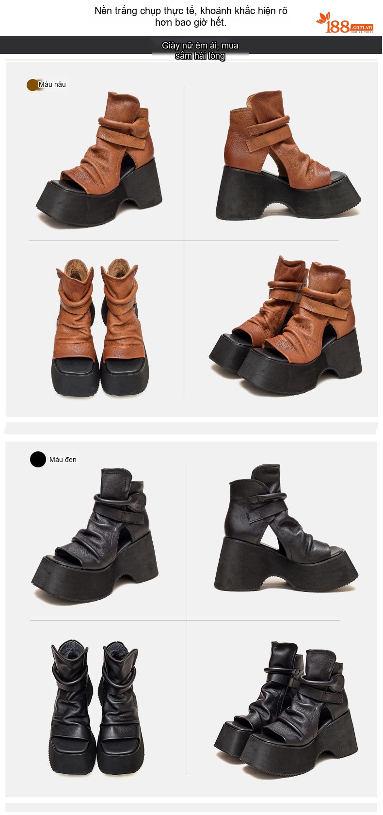 Giày Sandal Cao Gót Nữ Hở Mũi Da Bò Quai Nhún Đế Cao 5cm - 6cm Màu Nâu, Đen chi tiết 13