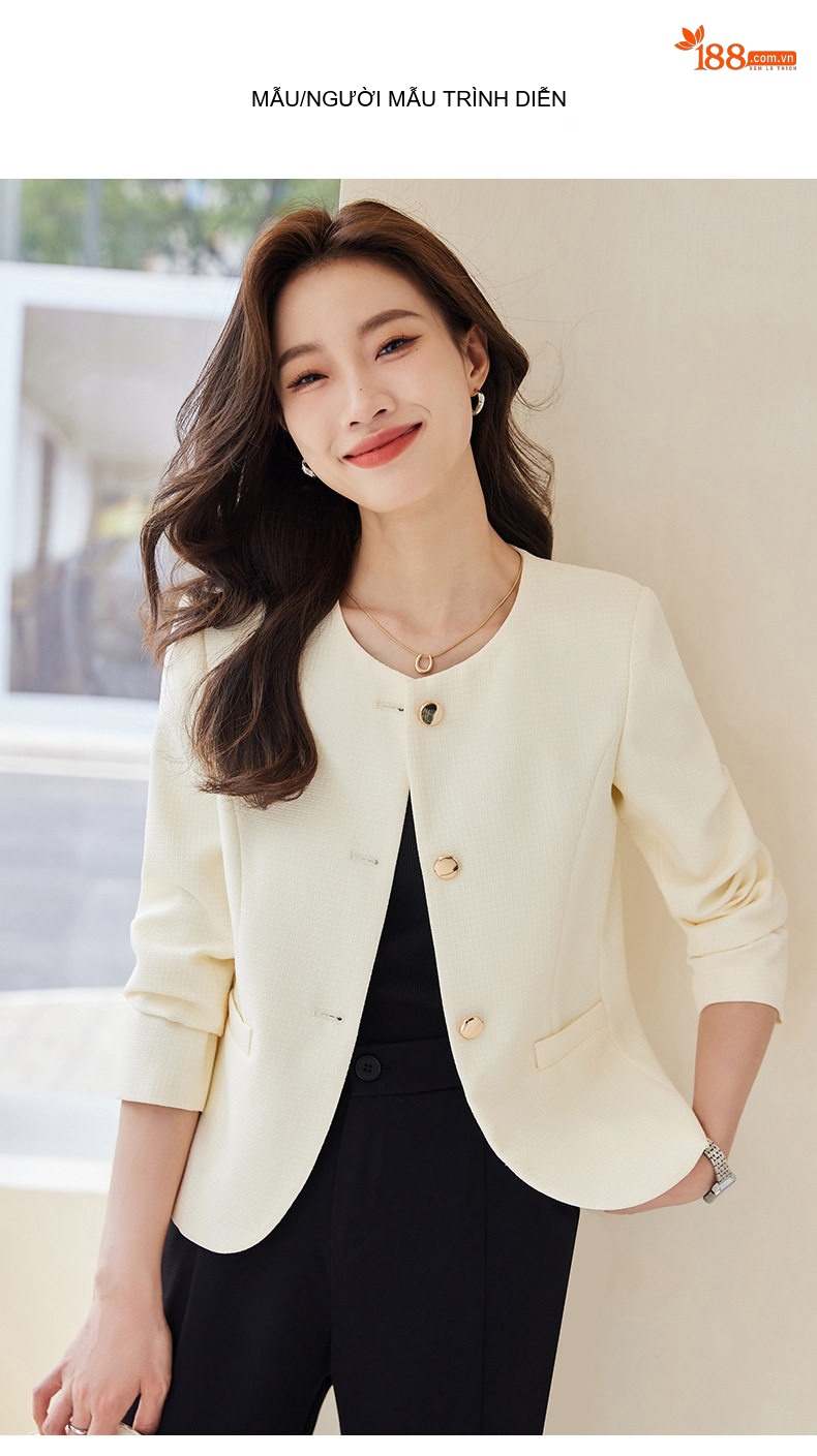 Áo Khoác Blazer Nữ Phong Cách Hàn Quốc Công Sở Thanh Lịch Màu Hồng, Kem, Xanh, Vàng chi tiết 15