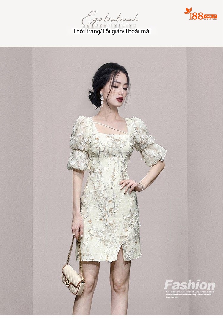 Váy Ôm Body Tay Bồng Cổ chữ Vuông Xẻ Tà Thanh Lịch chi tiết 1