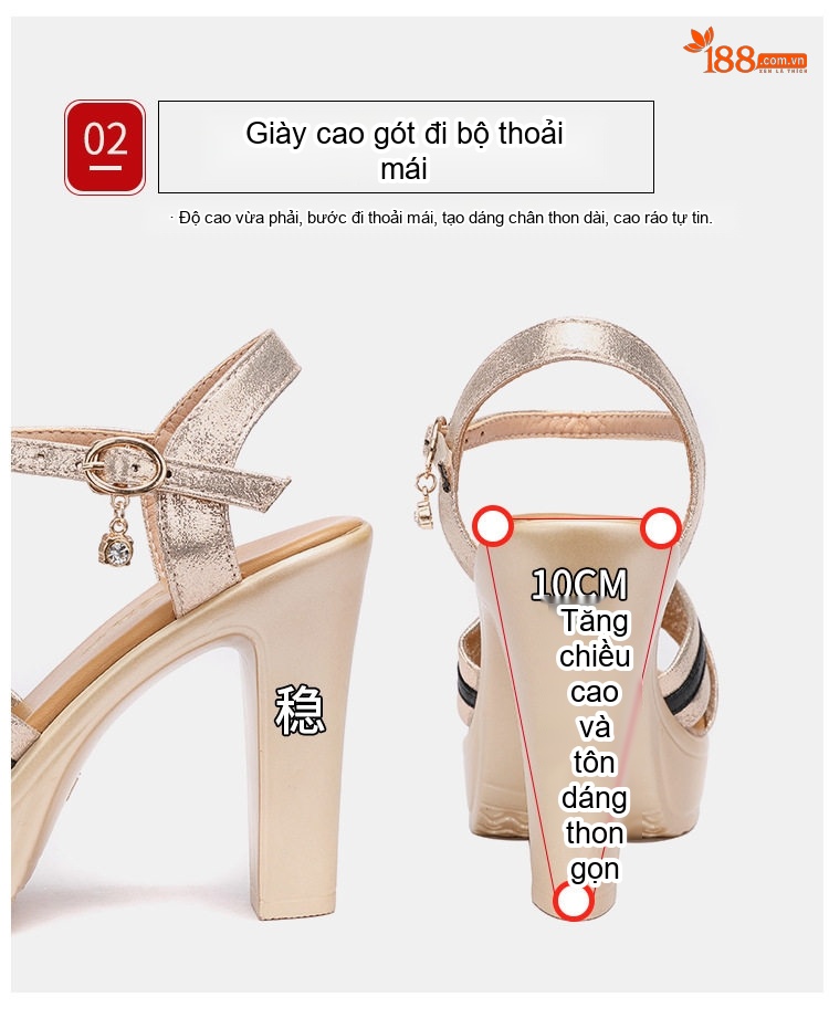 Giày Sandal Cao Gót Nữ Quai Ngang Hở Ngón Gót Cao 10cm Màu Vàng, Đen, Đỏ chi tiết 7