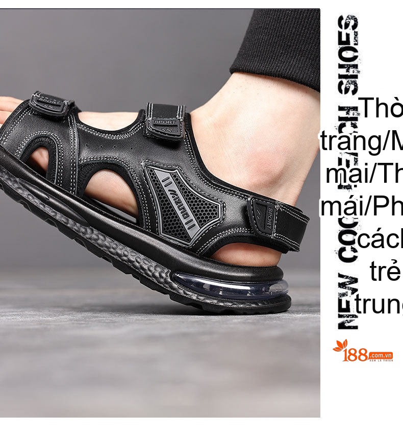 Dép Sandal Nam Da Bóng Quai Dán Đế Khí Chiều Cao Đế Khoảng 4cm Màu Đen chi tiết 3