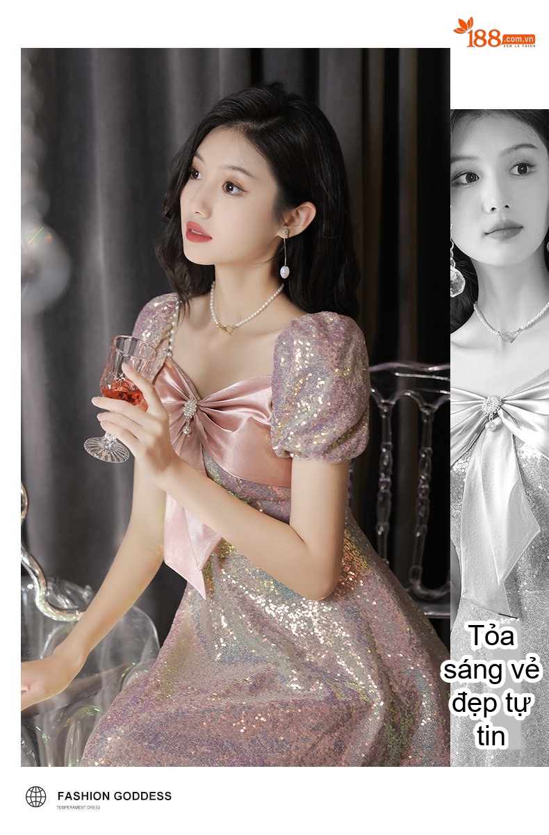 Váy Dạ Hội Nữ Kiểu Pháp Dáng Dài Sang Trọng Dự Tiệc Sinh Nhật Màu Hồng chi tiết 11