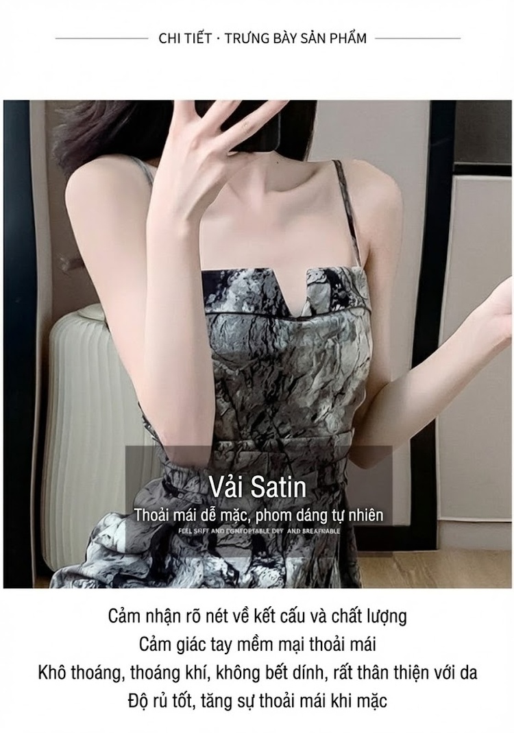 Jumpsuit Nữ Dáng Dài Ống Rộng Họa Tiết Dây Đeo Màu Đen, Trắng Xám chi tiết 3