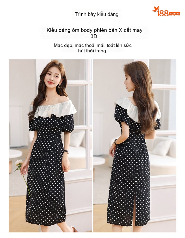 Váy liền thân Nữ Cổ Búp Bê Họa Tiết Hoa Nhí Thiết Kế Dáng Xòe Màu Đen, Trắng chi tiết 9