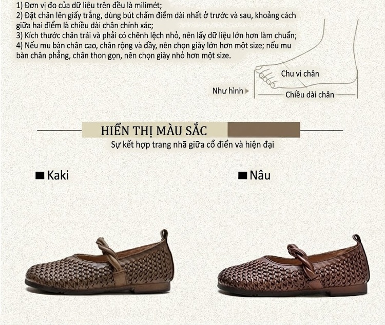 Giày Búp Bê Nữ Bệt Đan Thủ Công Phong Cách Cổ Điển Chiều Cao Đế Khoảng 1cm Màu Nâu chi tiết 2