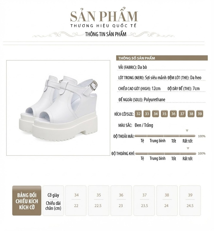Giày Sandal Cao Gót Nữ Hở Ngón Da Thật Đế Xuồng Gót Cao 12cm Màu Đen, Trắng chi tiết 1