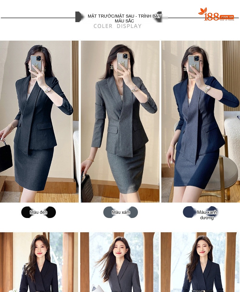 Bộ Vest Công Sở Nữ Áo Blazer Quần Dài/Chân Váy Chữ A Màu Xám, Đen chi tiết 6