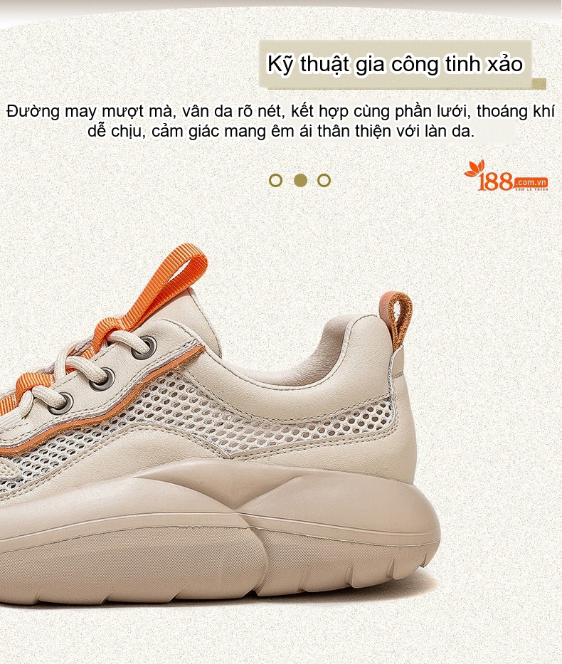 Giày Thể Thao Nữ Da Bò Phối Lưới Buộc Dây Đế Bánh Mì Đế Cao 4cm - 5cm Màu Kem, Xanh Lá, Cam chi tiết 4