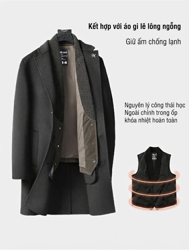 Áo Khoác Dạ Nam Hải Ninh Lông Cừu Áo Vest Cổ Điển Dáng Dài Vừa Vặn Phong Cách Doanh Nhân Màu Nâu, Xám, Đen chi tiết 5