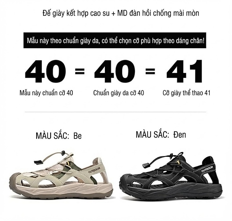 Sandal Nam Bít Mũi Dây Rút Thể Thao Leo Núi Chống Trượt Thoáng Khí Đế Cao 3cm chi tiết 13