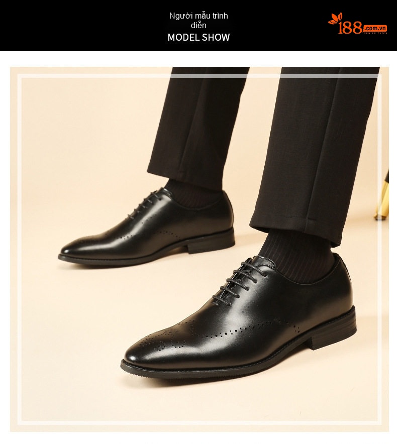 Giày Tây Buộc Dây Nam Da Thật Brogue Chiều Cao Đế Khoảng 3cm Màu Đen, Nâu chi tiết 6