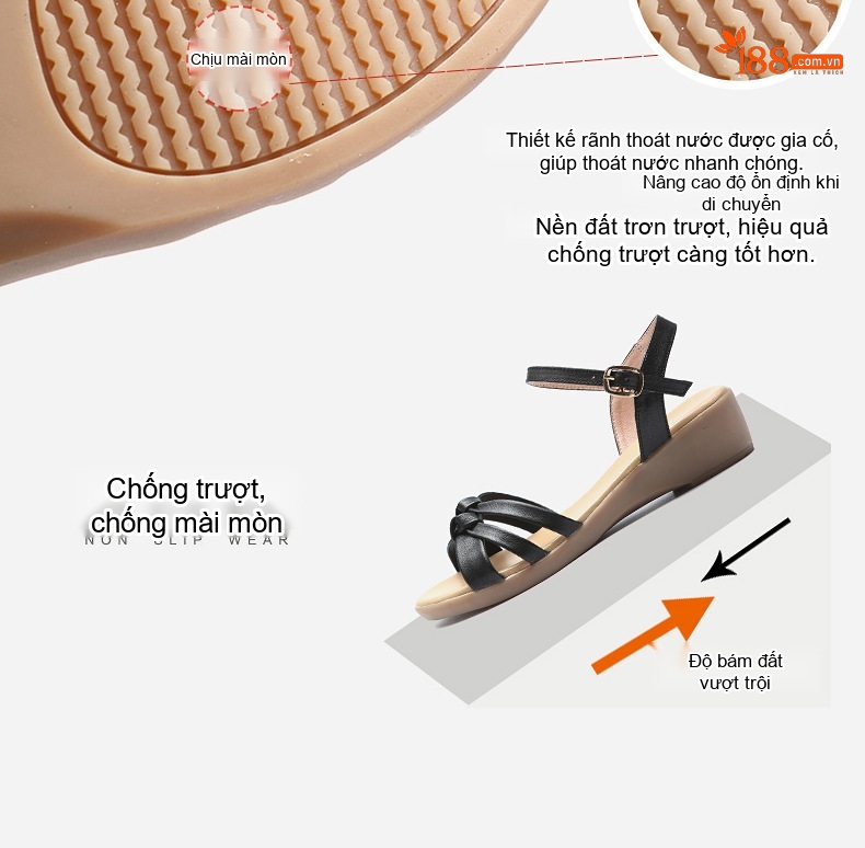 Dép Sandal Nữ Quai Ngang Da Bò Đế Cao 5cm - 6cm Màu Đen, Kem chi tiết 9