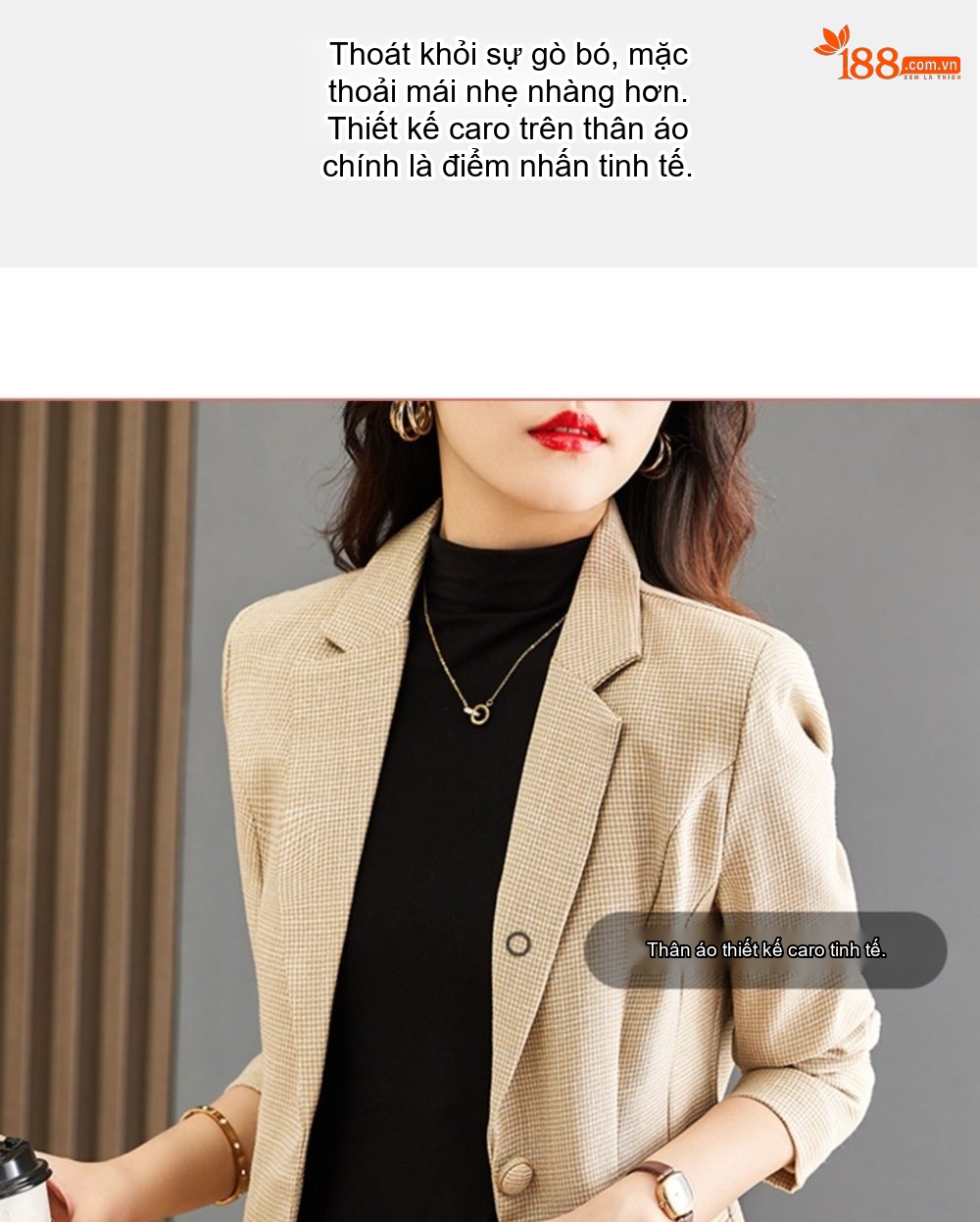 Áo Khoác Blazer Nữ Kẻ Caro Thiết Kế Thanh Lịch Phong Cách Thu Đông Màu Be, Xám chi tiết 6